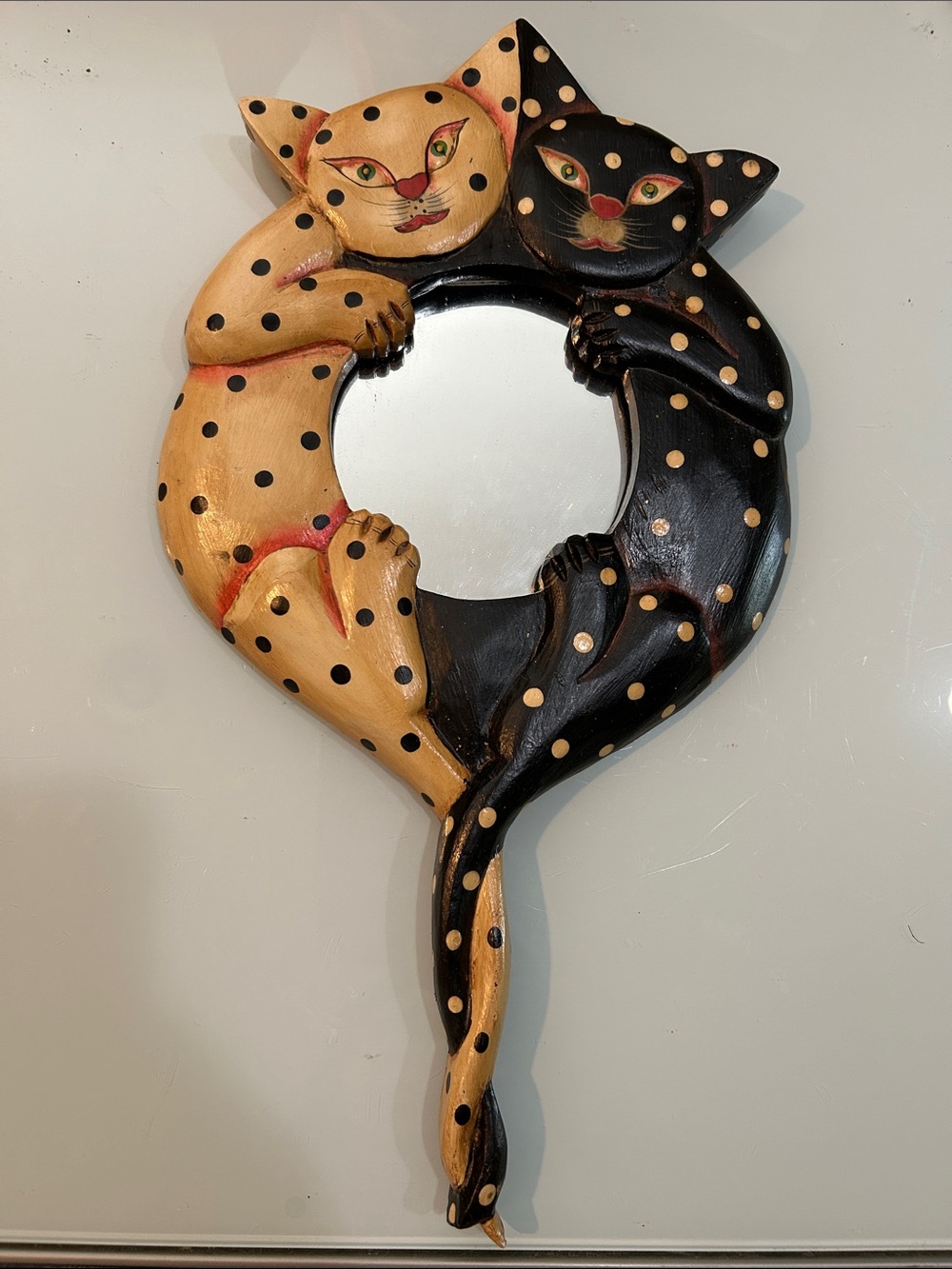 Hand-Carved 2 Cats Mirror Wall Accent - Black & Natural Polka Dot NWOT?